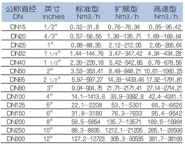 DN300熱式氣體質(zhì)量流量計(jì)流量范圍表