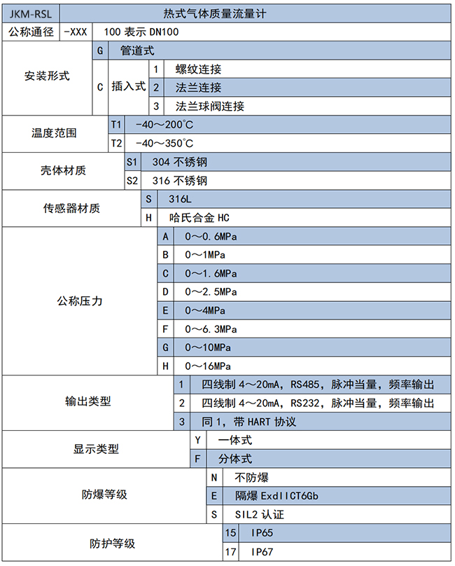 DN300熱式氣體質(zhì)量流量計(jì)選項(xiàng)表
